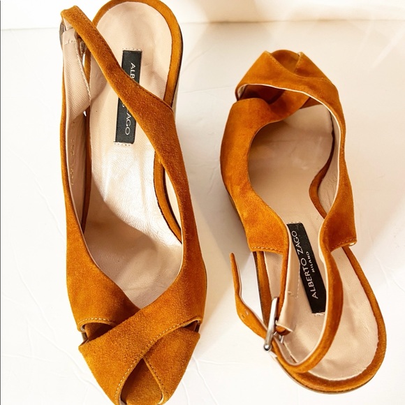Alberto Zago Woman’s Peep Toe Sling Back Sandals In Cognac Size 6 - Picture 3 of 8